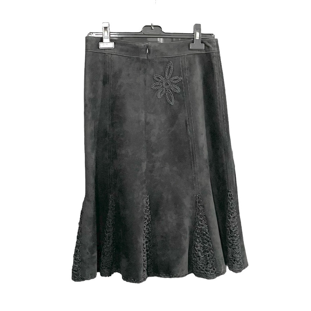DANIER Suede Flare Embroidered Flower Midi Skirt Black 8
